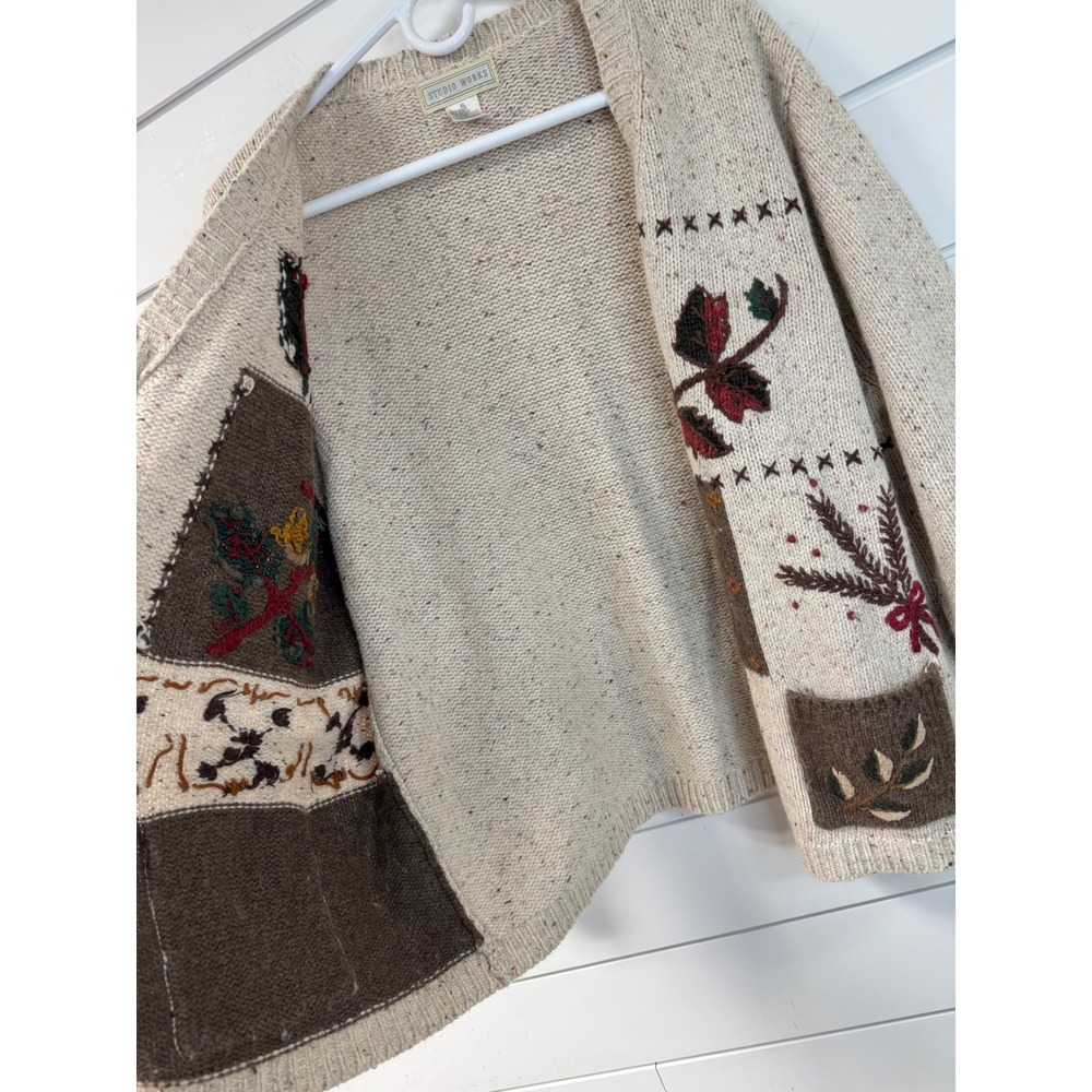 Studio Works Vintage Oatmeal Speckled Fall Patchwork Zip Cardigan Sweater XL - Picture 9 of 9